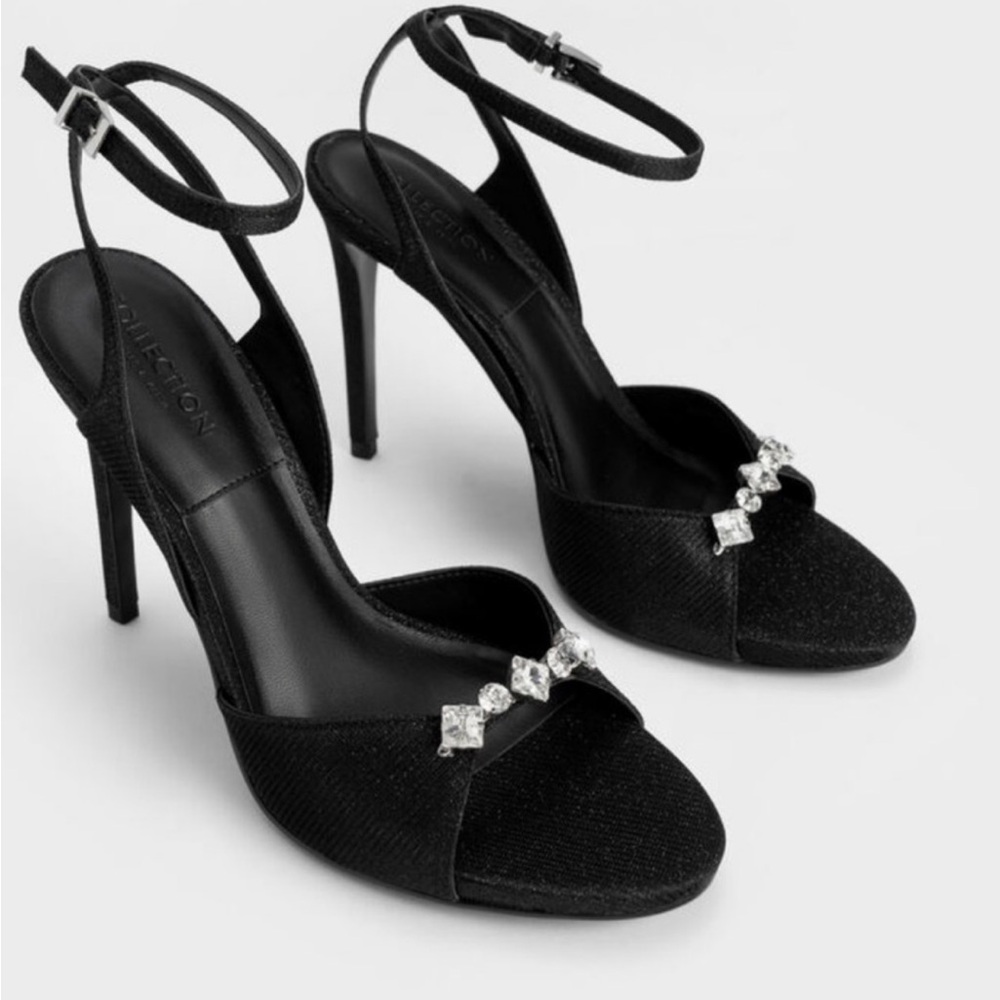 Glittered Gem-Encrusted Ankle Strap Evening cocktail Sandals - Black